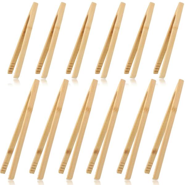 12 Piece Natural Bamboo Toaster and Cooking Tongs Set Dual Size 7.9 in and 10 in Kitchen Serving Utensils