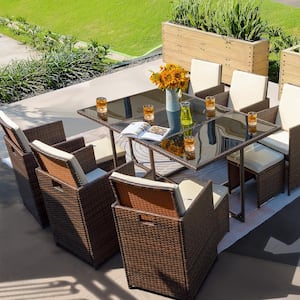Brown 11-Piece Rattan Wicker Outdoor Dining Set with Washed Beige Cushion and Glass Table