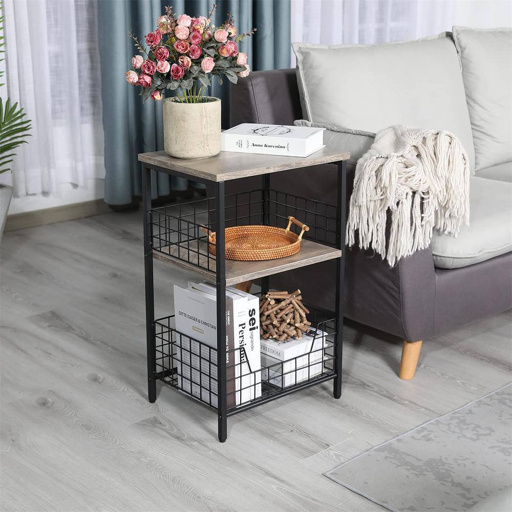 Greige and Black Industrial Wood and Metal End Table