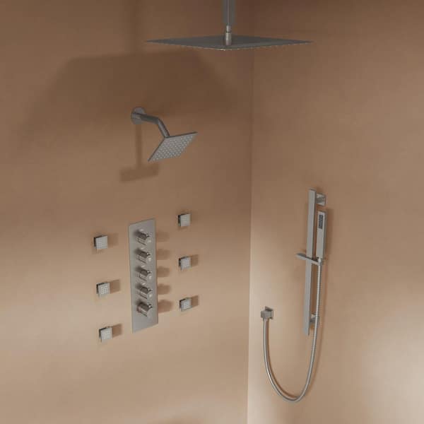 Dual 15-Spray Ceiling Mount 16 and 6 in. Fixed and Handheld Shower Head 2.5 GPM in Brushed Nickel Valve Included