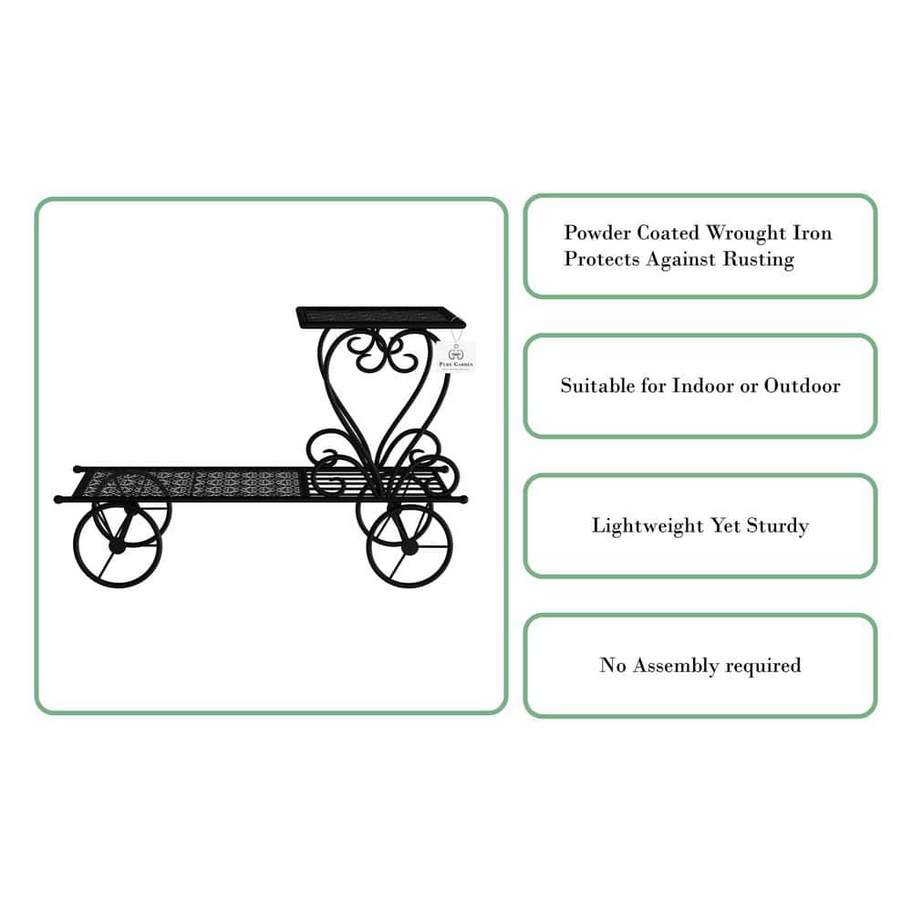 Vintage Charm 2-Tier Wrought Iron Plant Stand with Decorative Wheels, Matte Black