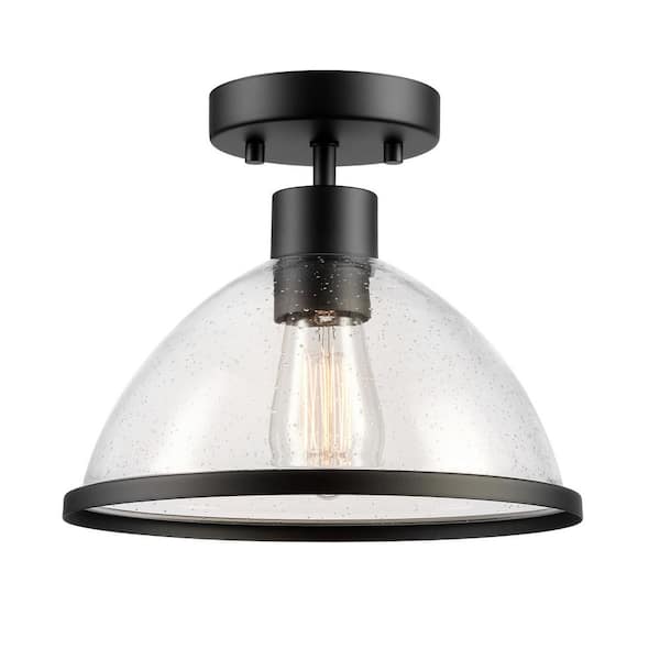 1-Light Matte Black Outdoor 10.38 Inch Flush Mount Ceiling Light with Seeded Glass Shade