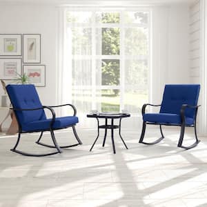 3-Piece Metal Frame Outdoor Bistro Set 2 Rocking Chairs with Blue Cushions and Tempered Glass Side Table