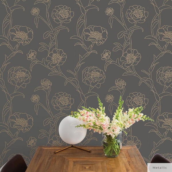 Noir and Metallic Gold Peonies Vinyl Peel and Stick Wallpaper Roll (Covers 28 sq. ft.)