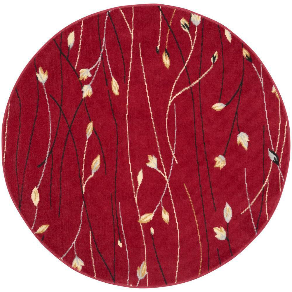 Red Round Floral Synthetic Easy Care Rug, 5'3"