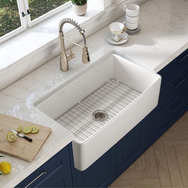 Getpro White Fireclay 36 in. Single Bowl Farmhouse Apron Kitchen Sink Undermount with Accessories