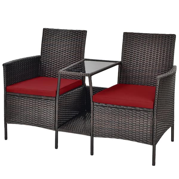 Costway 1-Piece Wicker Patio Conversation Set Sofa Loveseat Glass Table with Red Cushions