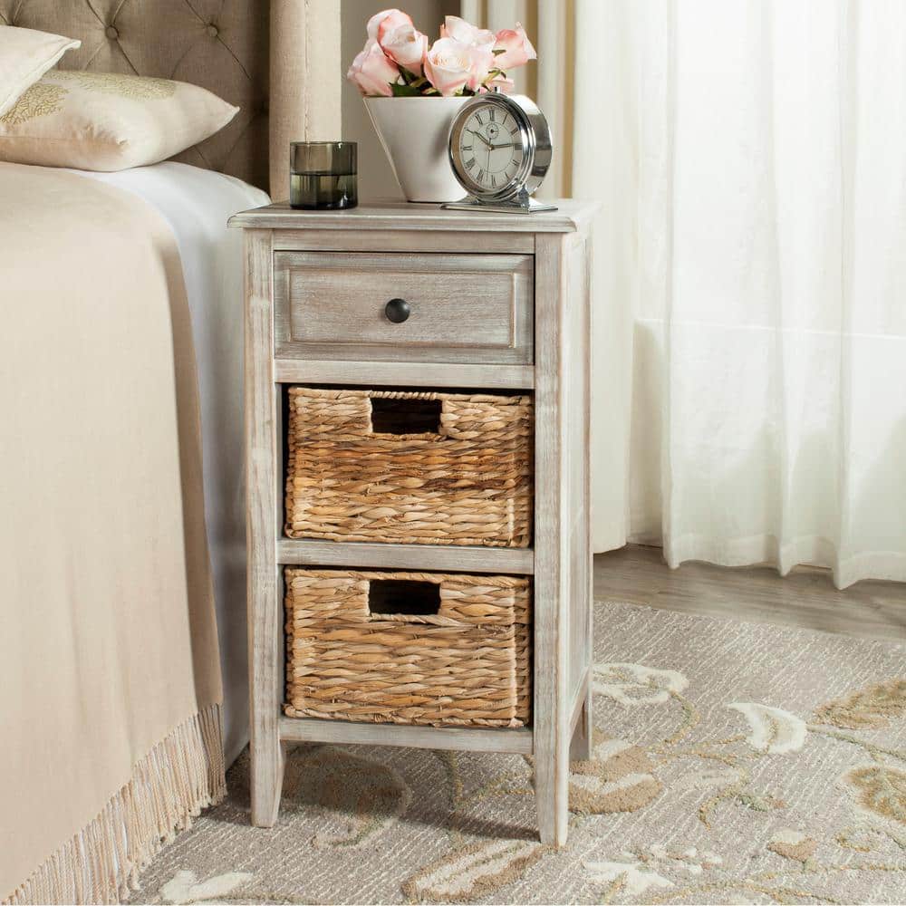 Transitional Pine and Metal Side Table with Storage Baskets