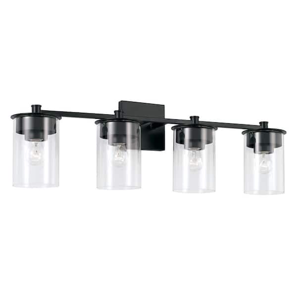 HOMEPLACE LIGHTING 29.5 in. W x 9 in. H 4-Light Vanity Light in Matte Black with Clear Glass