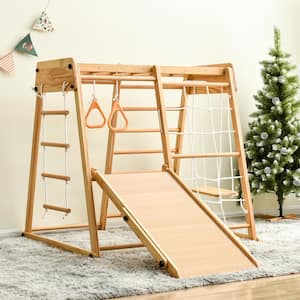 8-in-1 Slide Playset, Wooden Rock Climbing Ladder with Rope Wall, Swing Rings, Monkey Bars and Swing