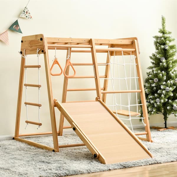 Tatayosi 8 in 1 Slide Playset Wooden Rock Climbing Ladder with Rope Wall Swing Rings Monkey Bars and Swing P DJ 3477AAA The Home Depot