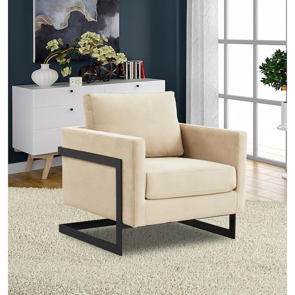 Lincoln Mid-Century Modern Upholstered Velvet Accent Arm Chair with Black Steel Frame in Beige