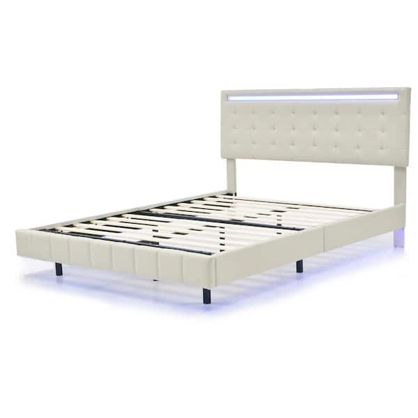 Beige Wood Frame Queen Size Floating Tufted Linen Platform Bed with Adjustable Headboard, LED Lights and 2 USB Ports