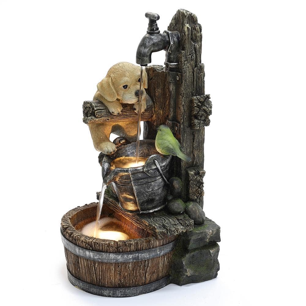 Farmhouse Brown Resin Fountain with Puppy and Bird Scene