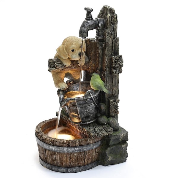 LuxenHome Puppy at the Farmhouse Polyresin Tiered Faucet Outdoor Fountain