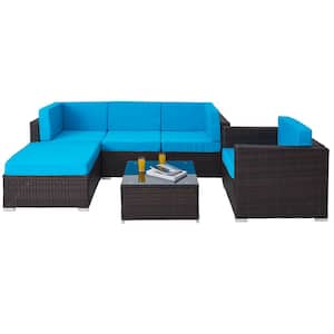 Walnut 6-Piece Wicker Outdoor Sectional Set with Blue Cushions and Tempered Glass Coffee Table