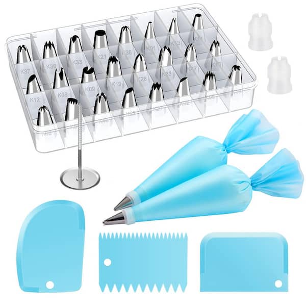 32-Piece Piping Bags and Tips Set with 24 Icing Piping Tips, 2 Reusable 12 in. Pastry Bags for Cookie Cupcake, Blue