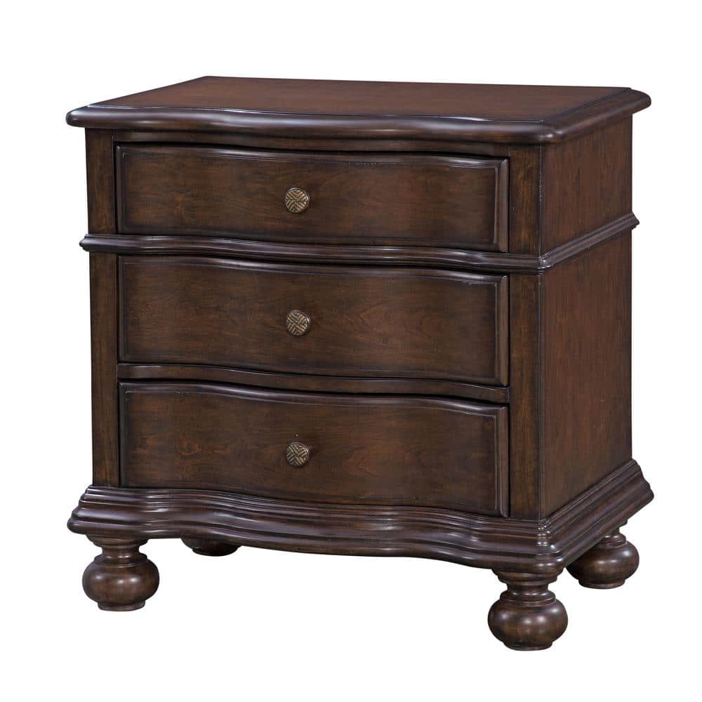 Tobacco Brown Wooden Nightstand with Sculpted Wave Front - 3 Drawers