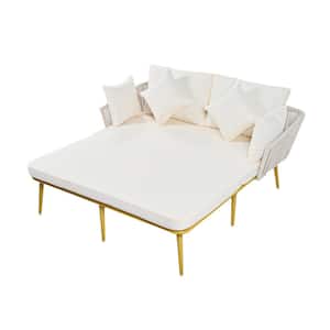 Gold Metal Outdoor Day Bed with Beige Washable Cushions, Woven Nylon Rope Backrest