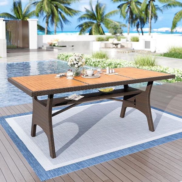 74.8 in. Brown Slat Rectangle Wood Rattan Metal Patio Outdoor Dining Table with Acacia Wood Tabletop