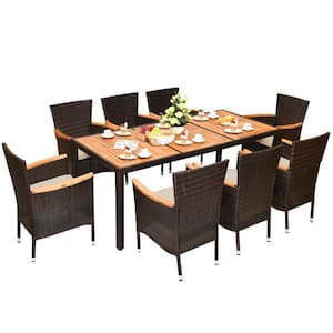 9-Piece Wicker Outdoor Dining Set with Acacia Wood Tabletop and Beige Cushion