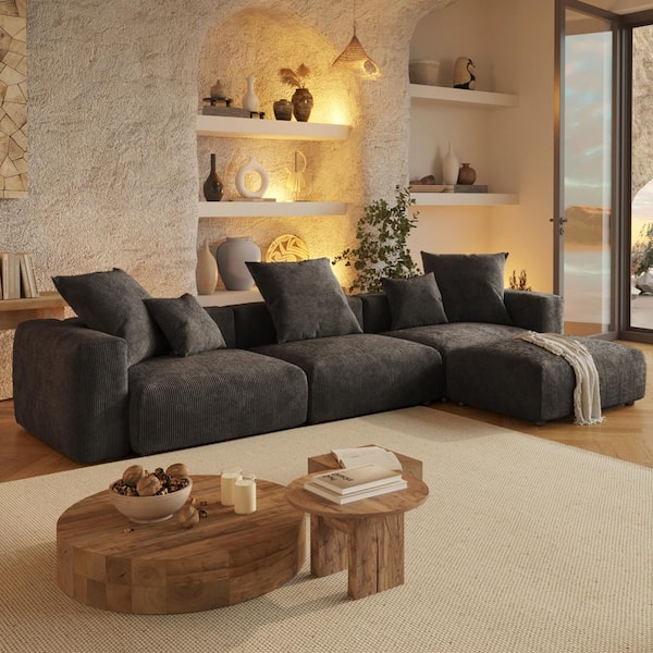 Modern 142 in. Square Arm Corduroy Modular Oversized Floor Sectional Sofa with Ottoman and Removable Covers in Black