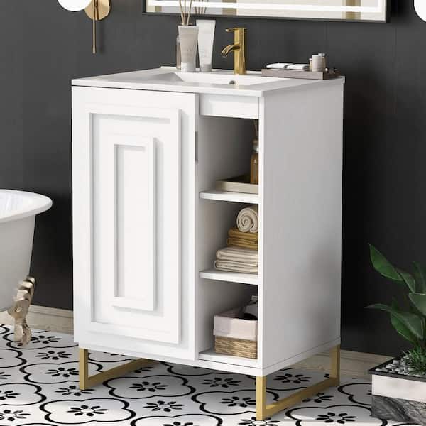 Zeus & Ruta 24 W x 18 D x 34 H Single Bath Vanity in White with White  Ceramic Top for Small Space Semi-open Storage S-AINKBATR - The Home Depot