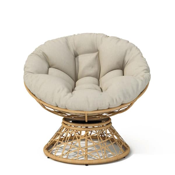 Zeus & Ruta Natural Ergonomic Wicker Outdoor Lounge Chair with Beige Cushions