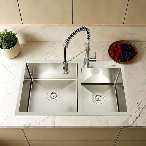 32 in. L x 19 in. W Drop In Double Bowls 20 Gauge Brushed Nickel Stainless Steel Kitchen Sink with Drain