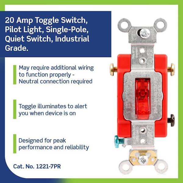 20 Amp Industrial Grade Heavy Duty Single-Pole Pilot Light Toggle Switch, Red 1221-7PR
