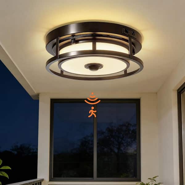 12 in. Drum Matte Black Motion Sensor LED Flush Mount Ceiling Light 3CCT 3000K-5000K for Porch Hallway Garage Fixture