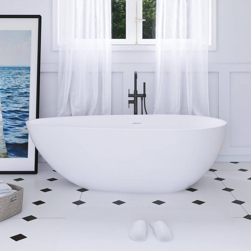 67 in. Solid Surface Stone Resin Freestanding Flatbottom Soaking Bathtub with Center Drain in Matte White price history on PriceWatchPro