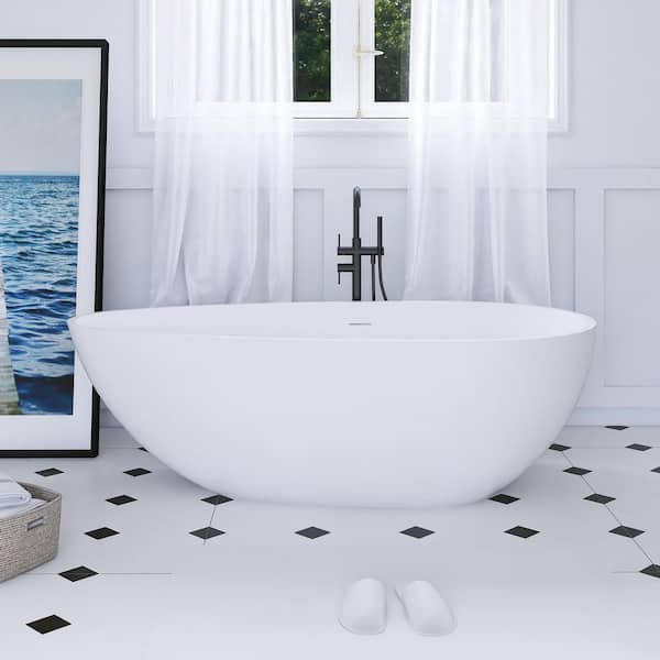 67 in. Solid Surface Stone Resin Freestanding Flatbottom Soaking Bathtub with Center Drain in Matte White