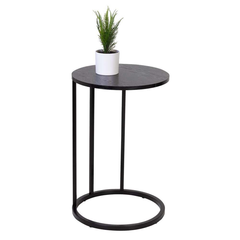Black Round Wood and Metal C-Shaped End Table
