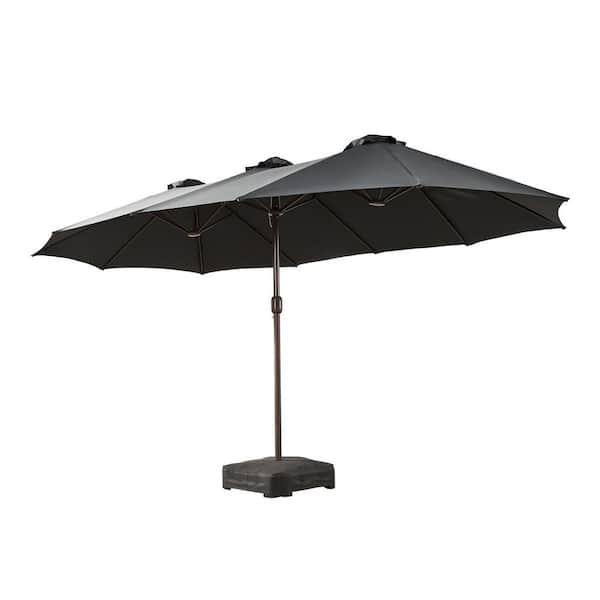 15 ft. x 9 ft. Rectangular Metal Double-sided Market Patio Umbrella with Base and Crank in Dark Gray