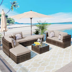 Luxury Brown 8-Piece Wicker Outdoor Sectional Set with Beige Cushions and Tempered Glass Coffee Table