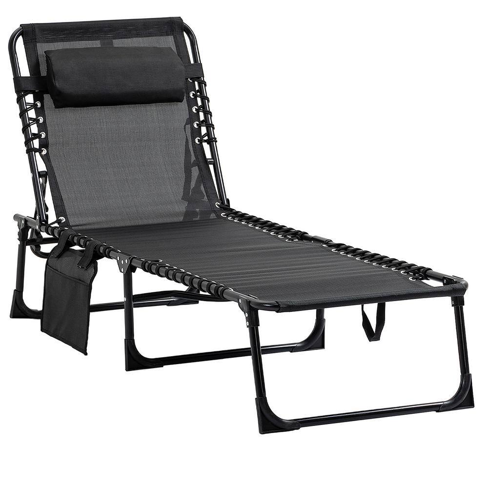Zeus & Ruta Metal Black Fabric Outdoor Folding Chaise Lounge with Adjustable Back for Beach ...
