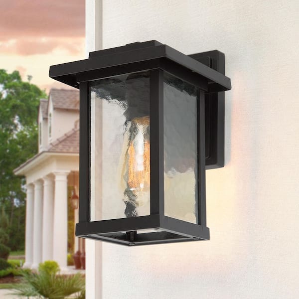 1-Light Black Modern Farmhouse Outdoor Wall Lantern Sconce with Water Glass Shade