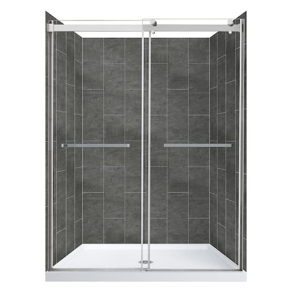 CRAFT + MAIN Lagoon Double Roller 48 in. L x 34 in. W x 78 in. H Center Drain Alcove Shower Kit in Slate and Brushed Nickel Hardware