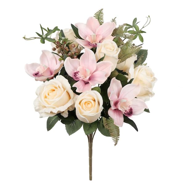 LIVING LUXURY 18 in. Ivory Pink Artificial Mixed Rose Cymbidium Orchid Flower Stem Bush Bouquet (Set of 2)