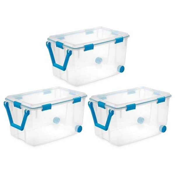 Sterilite 120 Qt. Plastic Storage Tote with Blue Aquarium Gasket Latch Lid in Clear (3-Pack)