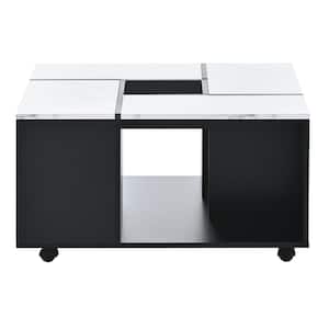 31.4 in. White and Black Square Wood Top Material 2-Layer Coffee Table with Removable Tray