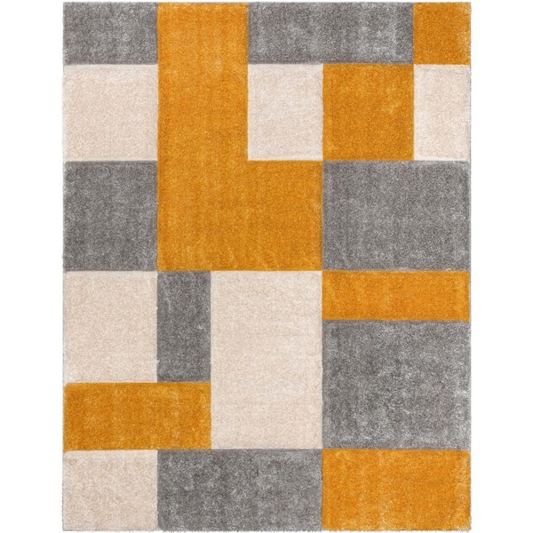 Well Woven San Francisco Escondido Yellow Modern Geometric Squares 3 ft. 11 in. x 5 ft. 3 in. 3D Carved Shag Area Rug
