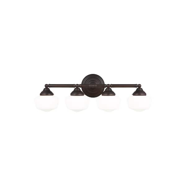 Generation Lighting Academy 31.5 in. 4-Light Bronze Transitional Farmhouse Bathroom Vanity Light with Satin White Glass Shade