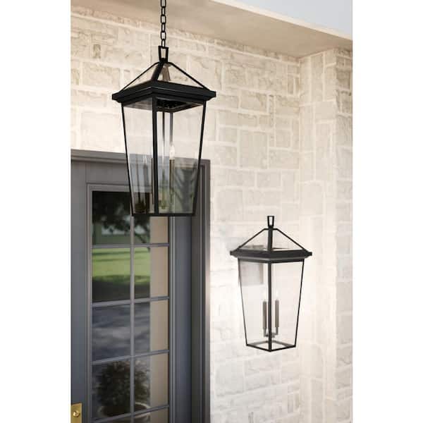 Regence 26 in. 2-Light Textured Black Traditional Outdoor Porch Hanging Pendant Light with Clear Glass (1-Pack)
