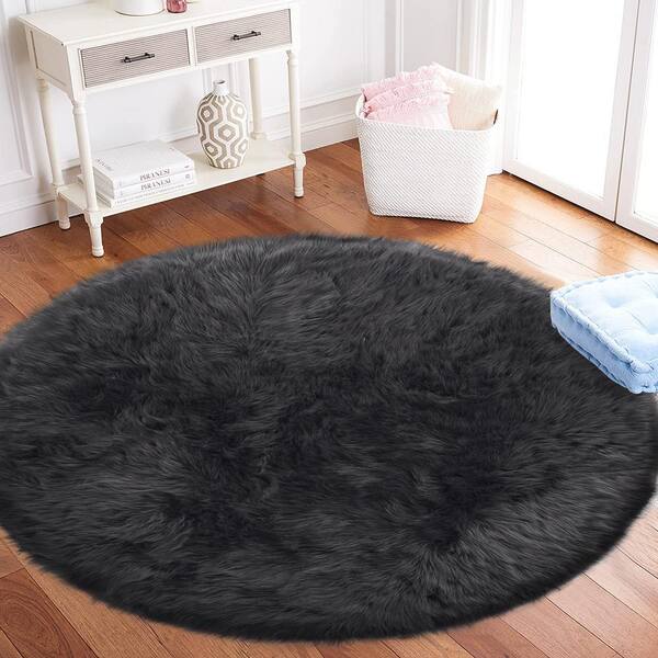 Latepis Sheepskin Faux Furry Black Cozy Rugs 6 ft. x 9 ft. Area Rug