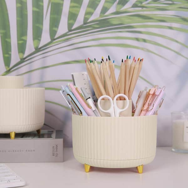Black 5 in. x 3.8 in. Plastic Rotating Desk Organizer with 5-Compartments for Office, School, Home Beige/ Cream