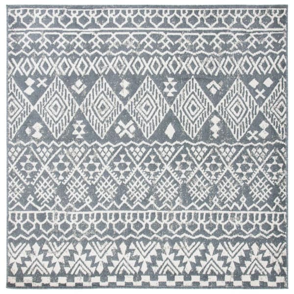 Pyramid 7 ft. x 7 ft. Ivory/Charcoal Diamond Geometric Striped Square Area Rug