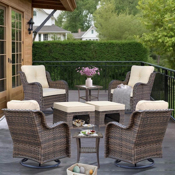 Xingzjojor Brown 8-Piece Wicker Outdoor Patio Conversation Seating Sets Swivel Rocking Chairs with Ottoman and Beige Cushions