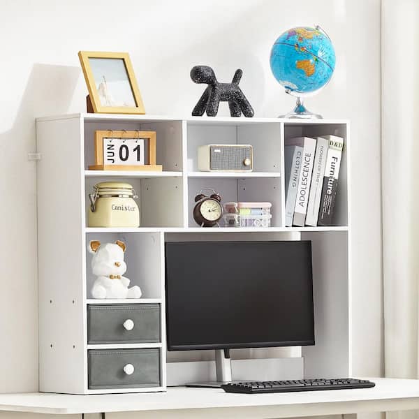 Desktop Bookshelf, 3-Tier Storage Organizer. 37 in. x 10 in. x 31.1 in., Wood Shelf with 2 Drawers, White
